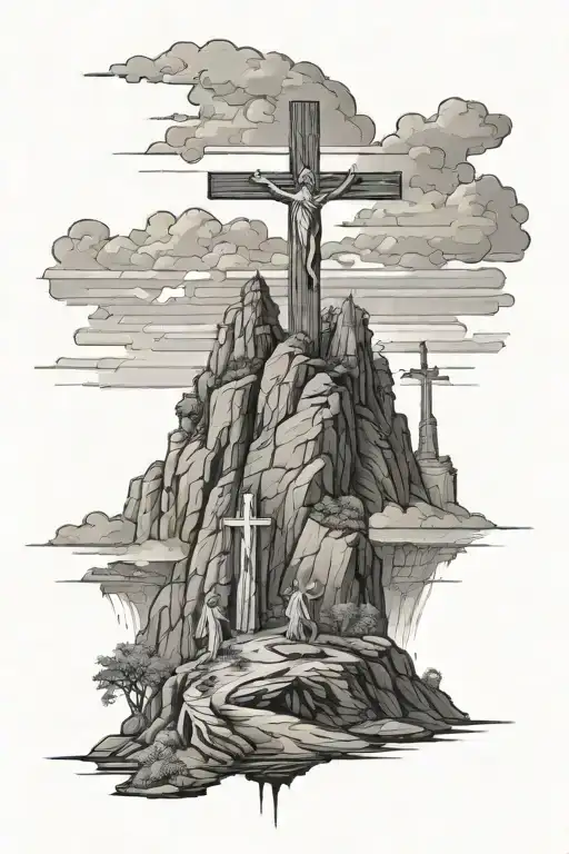 Design a tattoo concept for a long-sleeve forearm placement: three crosses standing on a mountain, with Jesus on the ce tattoo design idea