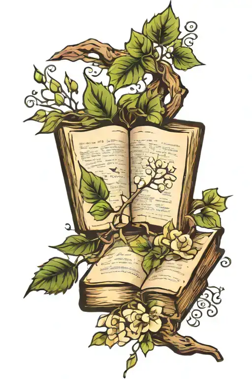 opened  books with branches of ivy and willow tree and flowers  tattoo design idea