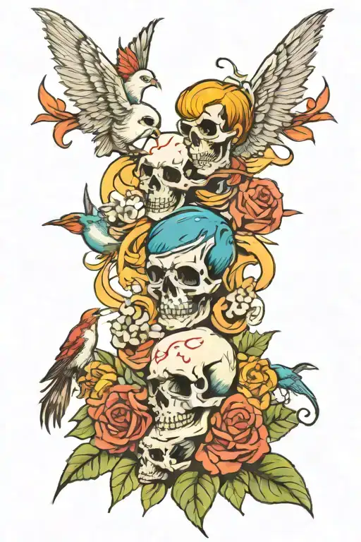 Skulls and fairy's with birds and kids tattoo design idea