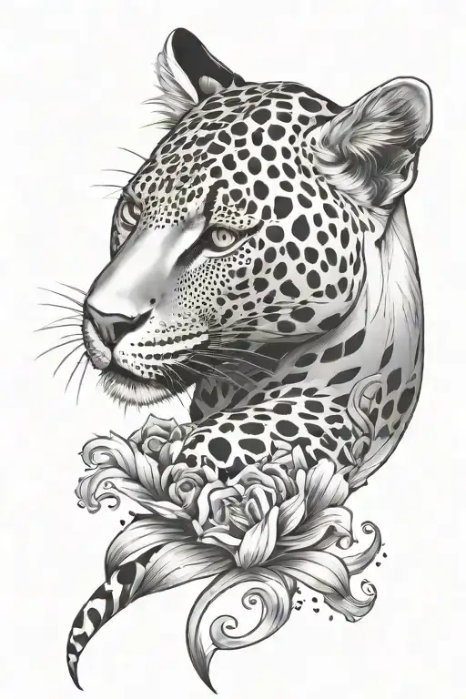 lily with leopard print and swirls and sharp lines, dots, a jaguar  tattoo design idea