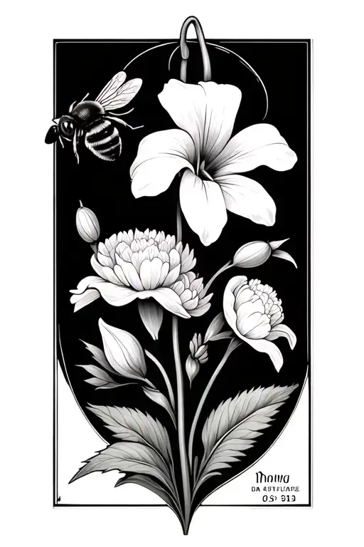 a snowdrop flower intertwined with a morning glory flower and a carnation, with a bee in the background and a date tattoo design idea