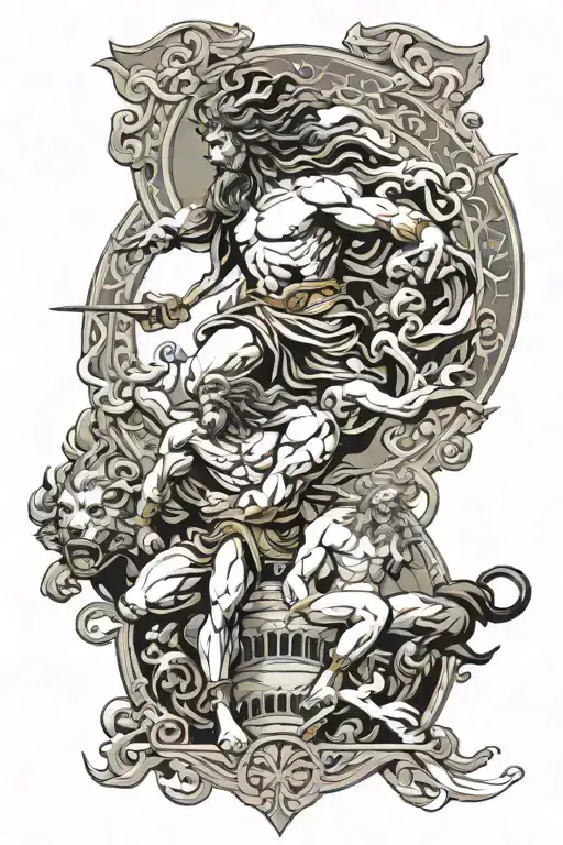 greek gods Olympus over titans above hati chasing tattoo design idea