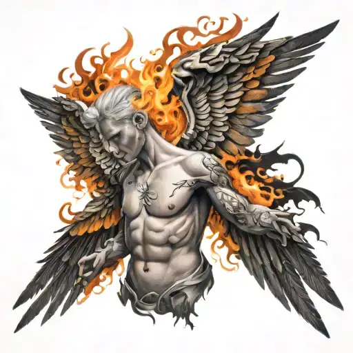 fallen angel with burning wings tattoo design idea
