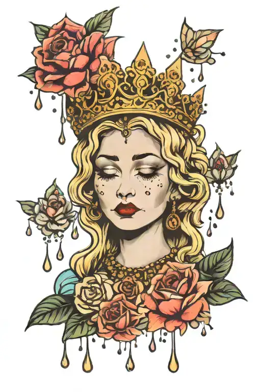crying Madonna wearing a crown surrounded my rain drops tattoo design idea