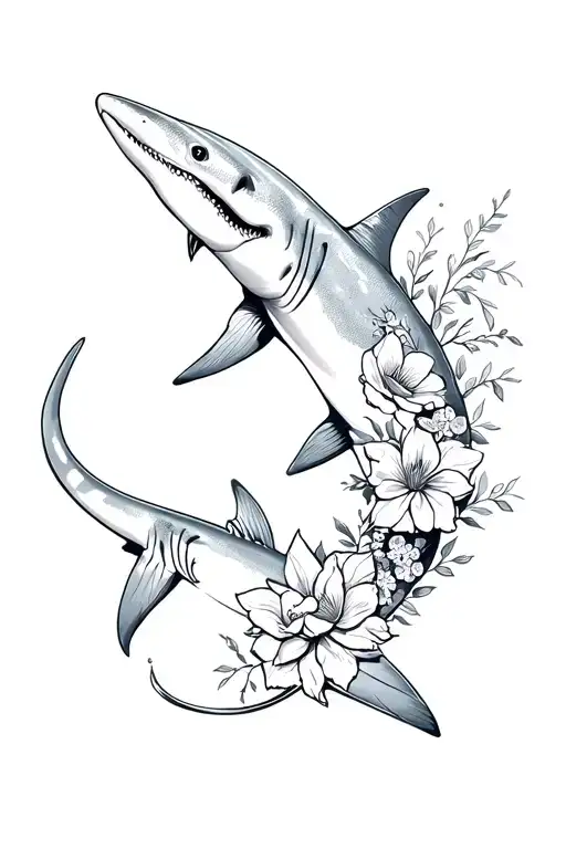hammerhead shark with flowers intertwined tattoo design idea