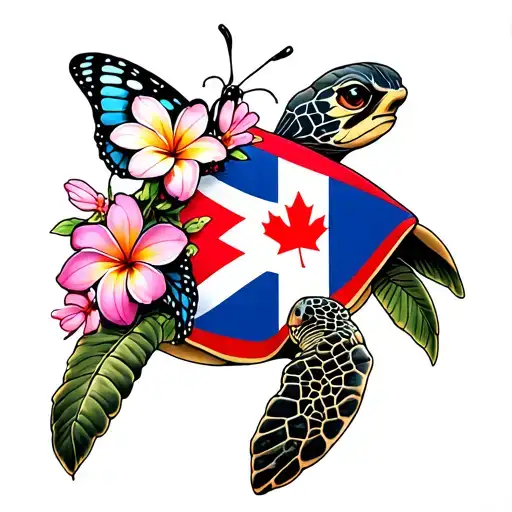 Sea turtle, cuban and canadian flags on bottom, plumeria turning to butterflies, cherry blossoms tattoo design idea