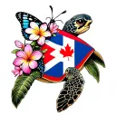Sea turtle, cuban and canadian flags on bottom, plumeria turning to butterflies, cherry blossoms tattoo design idea