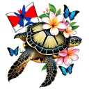Sea turtle, cuban and canadian flags on bottom, plumeria turning to butterflies, cherry blossoms tattoo design idea