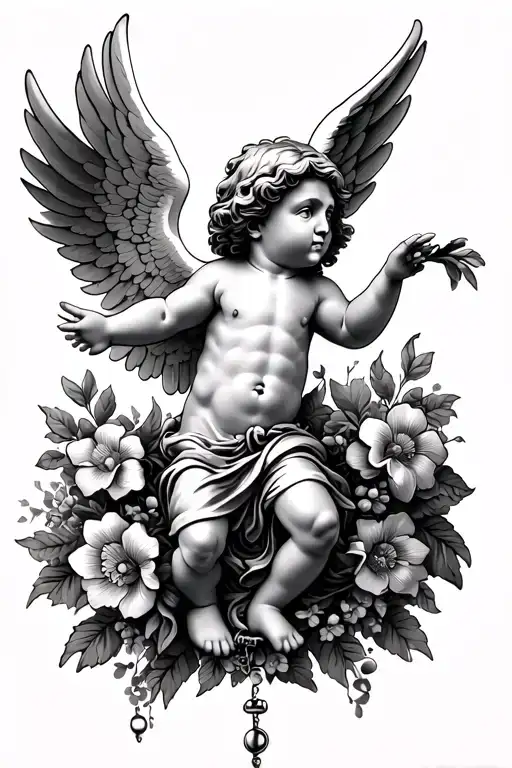 cherub with flowers as the wings flying with rosary beads below the cherub kouros style tattoo tattoo design idea