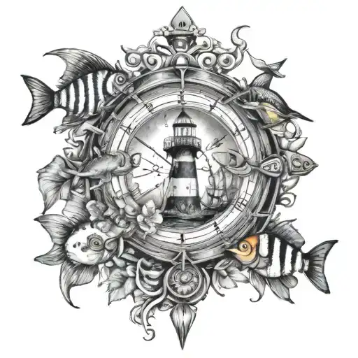 Ships wheel with clock inside surrounded by tropical fish and a light house tattoo design idea