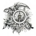 Ships wheel with clock inside surrounded by tropical fish and a light house tattoo design idea