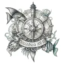 Ships wheel with clock inside surrounded by tropical fish and a light house tattoo design idea