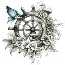 Ships wheel with clock inside surrounded by tropical fish and a light house tattoo design idea