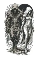 a girl and a huge hooded beast or demon walking side by side holding hands tattoo design idea