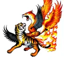 chest tattoo with two two pheonix flying off into shoulders with flames creating a tiger roaring out of the center chest tattoo design idea