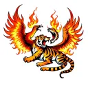 chest tattoo with two two pheonix flying off into shoulders with flames creating a tiger roaring out of the center chest tattoo design idea