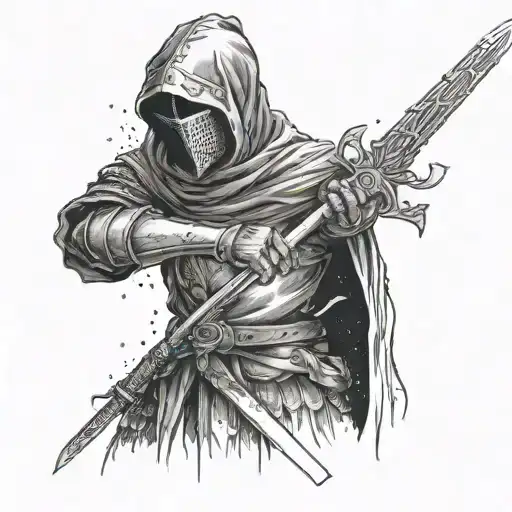 dark souls, knight in hood holding sword tattoo design idea