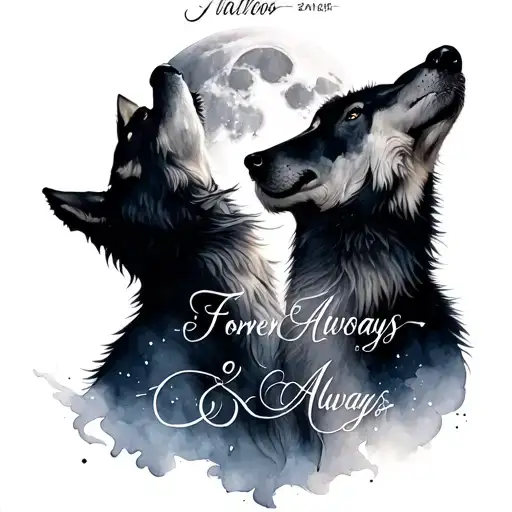 A dreamy watercolor tattoo of two wolves howling at the moon, with the words 'Forever & Always' written in a delicate script font tattoo design idea