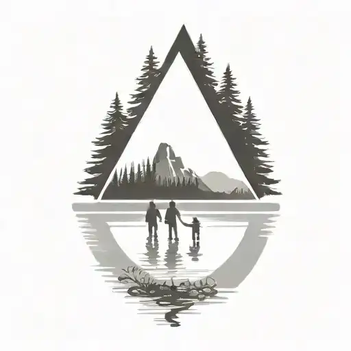 family off 5 silluette by lake with pine trees and mountain in background  tattoo design idea