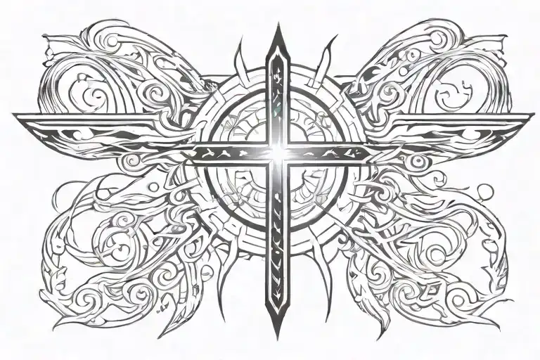 Make me a cross tattoo with the sun rising and the bottom of the cross have a more samurai bottom tattoo design idea