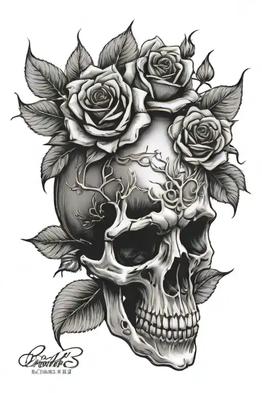 Hand Skull and roses growing together tattoo design idea
