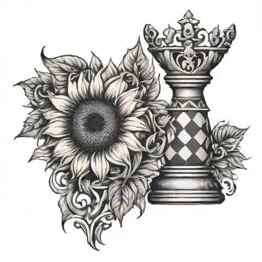sunflower and black queen chess piece tattoo design idea