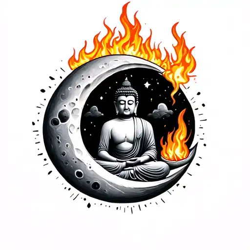 buddha on moon with fire inside him tattoo design idea