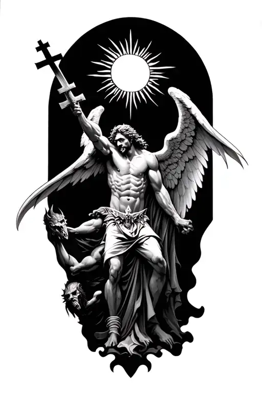 arch angel micheal slaying demon with sun and 3 crosses behind him tattoo design idea