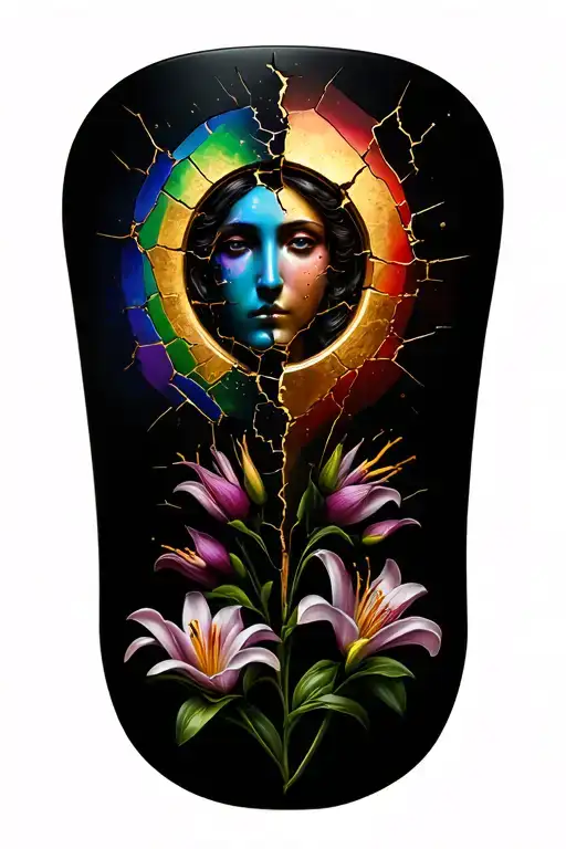 The symbol for venus in the trans flag colors with gold cracks, surrounded by lily flowers tattoo design idea