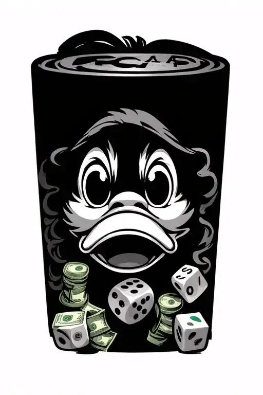 Cry now laugh later mask  and some dices and money rolls or bags and a gangsta Donald Duck in the middle with a classic  tattoo design idea