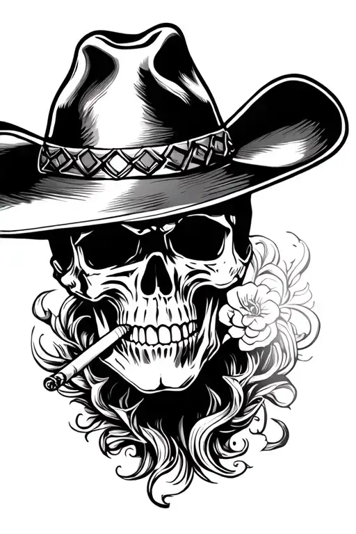 Skull of a cowboy smoking a cigarette  tattoo design idea