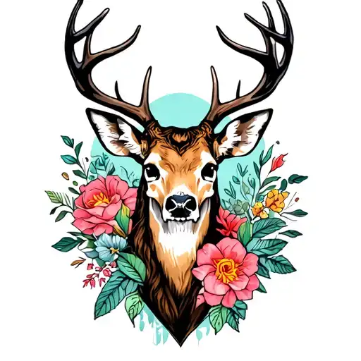 deer and skull and flowers tattoo design idea