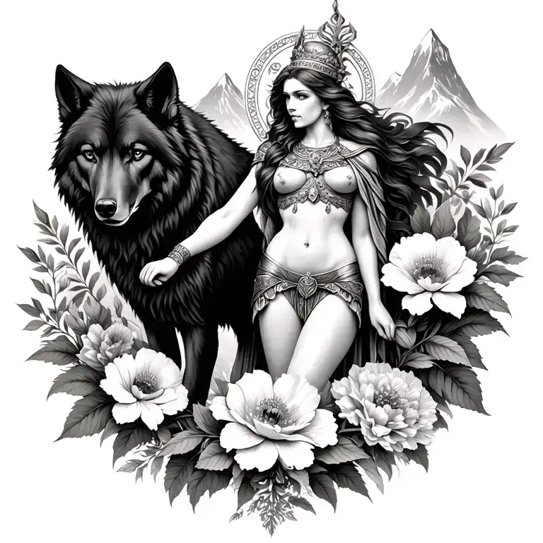 Athena sexy goddess surrounded by poeny flowers and black wolf with mountains  tattoo design idea