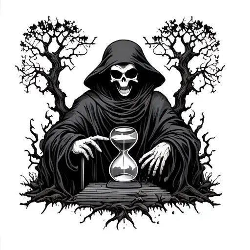 Grim reaper, trees, hourglass, creepy yard, gothic, old tattoo design idea