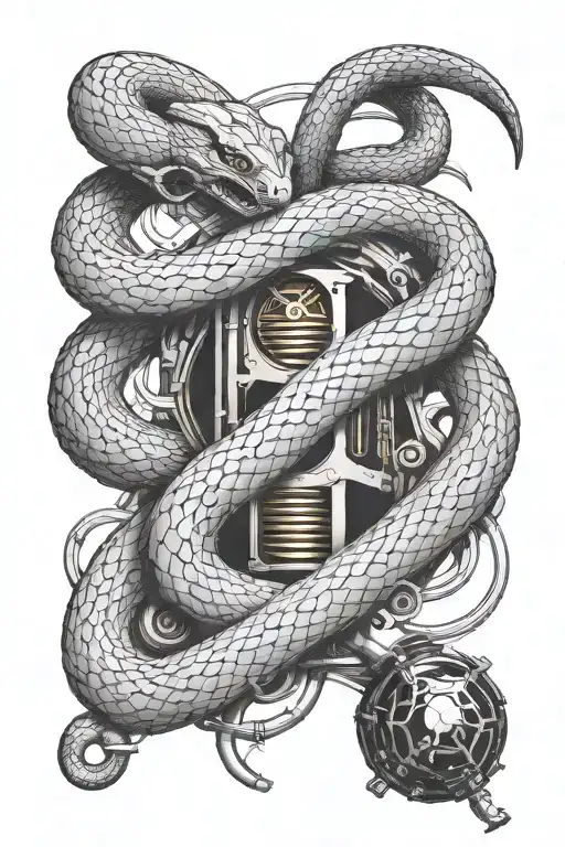 A sleek black and grey tattoo of a snake coiled around a vintage engine,  and reptiles  tattoo design idea