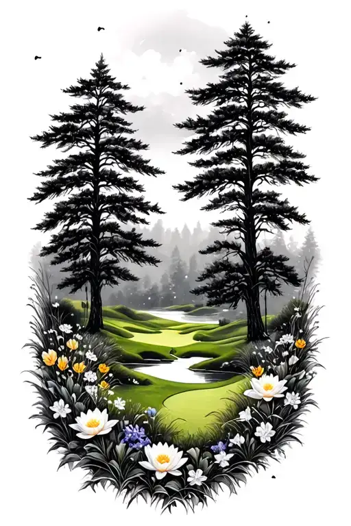mystical golf course landscape rolling hills flowers pine trees water lily larkspur lace tattoo design idea