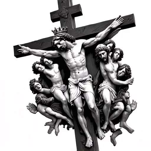 On the side of Jesus on the crucifixes around him people and in the paws of the crown tattoo design idea