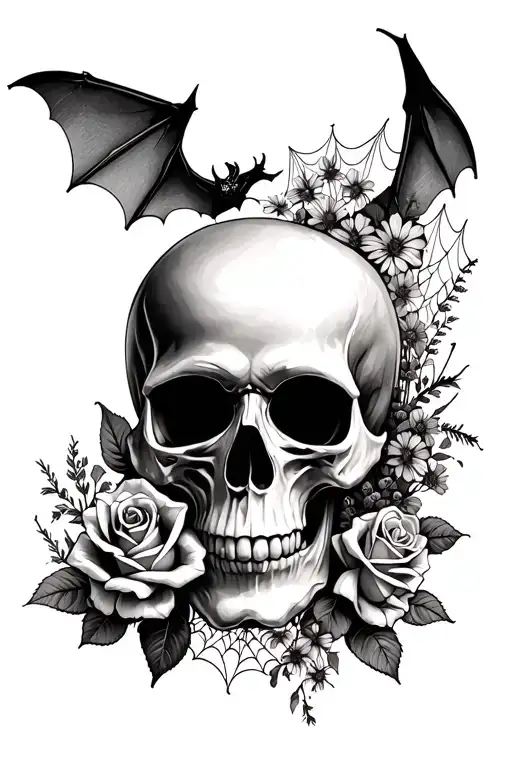 skull facing sideways with roses, wildflowers, bats, and cobwebs tattoo design idea