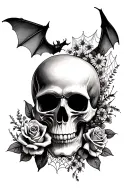 skull facing sideways with roses, wildflowers, bats, and cobwebs tattoo design idea