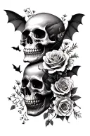 skull facing sideways with roses, wildflowers, bats, and cobwebs tattoo design idea