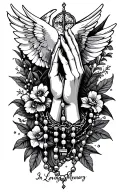 praying hands with a rosary, dove, "in loving memory" tattoo design idea