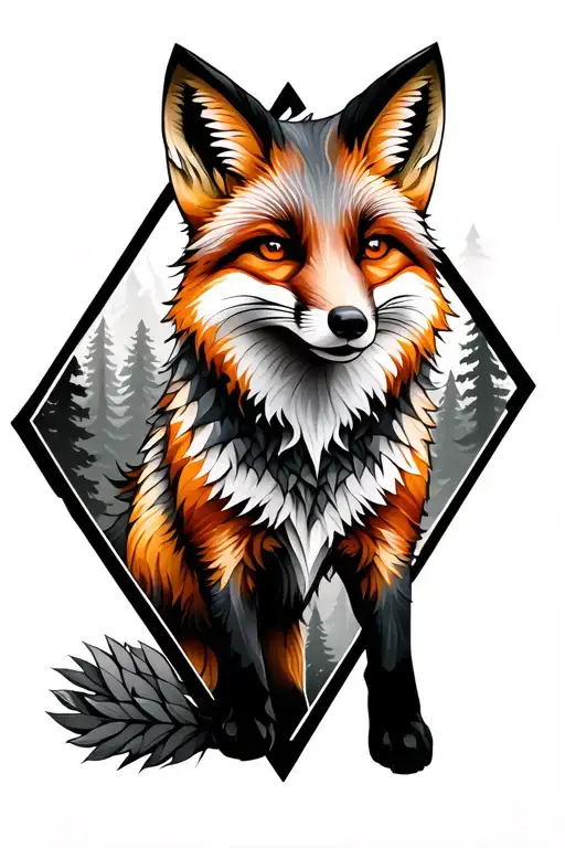 Fox with forest elements contained in elongated diamond, thick black borders. Half realistic blend into half geometric tattoo design idea