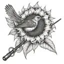 sunflower with a robin and a fly fishing rod casting tattoo design idea