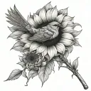 sunflower with a robin and a fly fishing rod casting tattoo design idea