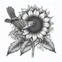 sunflower with a robin and a fly fishing rod casting tattoo design idea