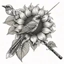 sunflower with a robin and a fly fishing rod casting tattoo design idea