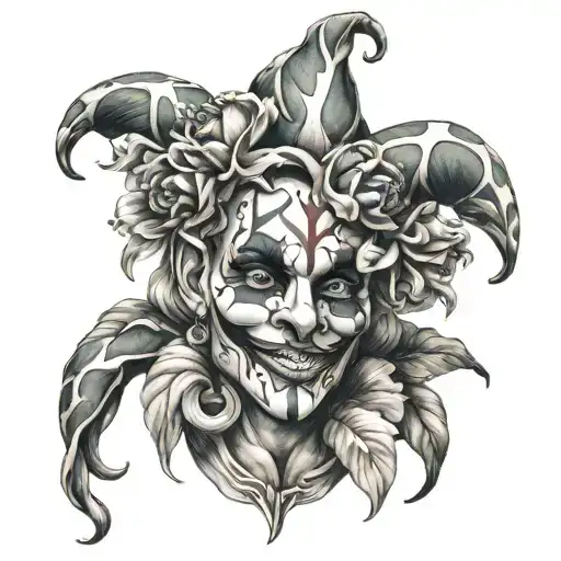 floral jester holding a mask tattoo design idea