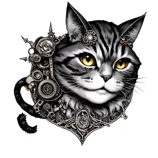 alice in wonderland with the cheshire cat in a steampunk fashion tattoo design idea