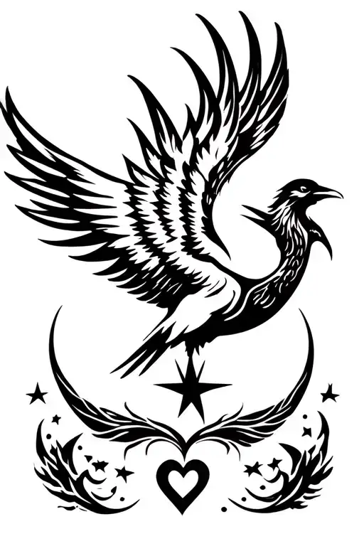 phoenix bird star moon heart outline tattoo design idea
