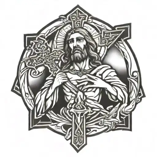 god looking at jesus holding cross tattoo design idea